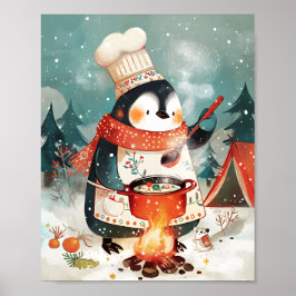 Poster Cute Penguin Cooking Watercolor Winter Nursery