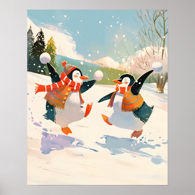 Poster Cute Penguins Playing in Snow Watercolor Nursery  (Frente)