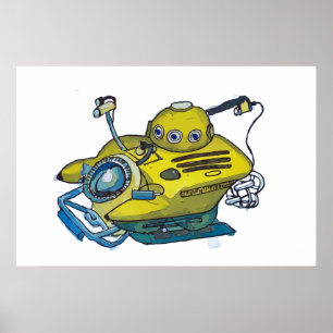 Poster Cute pequeno submarino amarelo na água azul