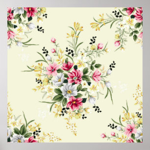Poster cute pink grey and yellow flowers with green leave