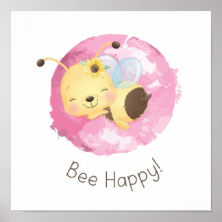 Poster Cute Pink/Yellow Bee Happy Girls Nursery Wall Art