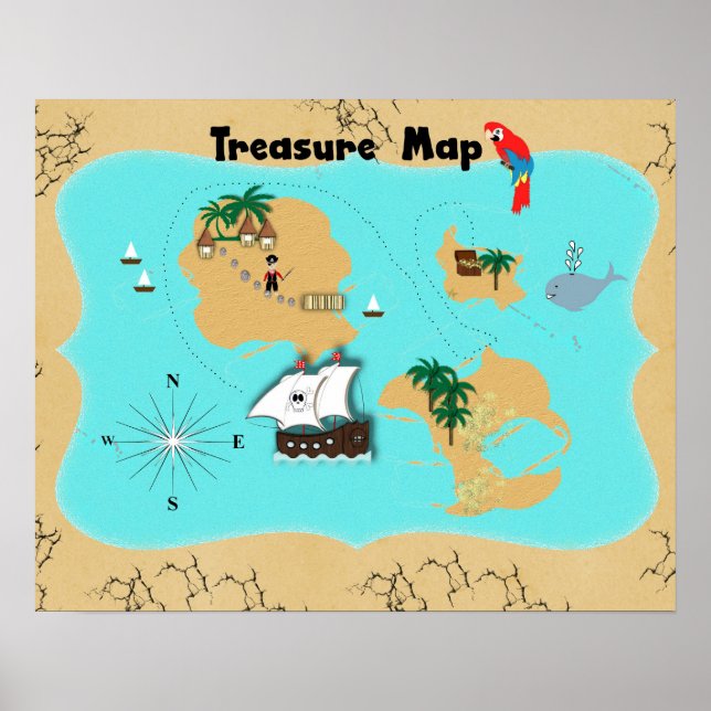 Poster Cute Pirates Hidden Treasure Map para Crianças (Frente)
