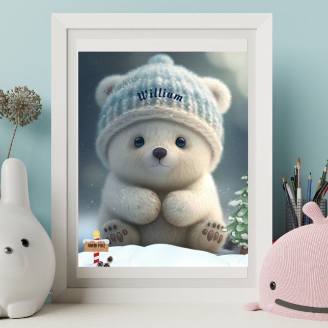 Poster Cute Polar Bear in Snow Blue Hat Personalized Art (Criador carregado)