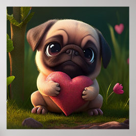 Poster Cute Pug com Coração