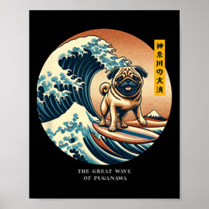 Poster Cute Pug Onda de Kanagawa Surf Japonês Kawaii Vin