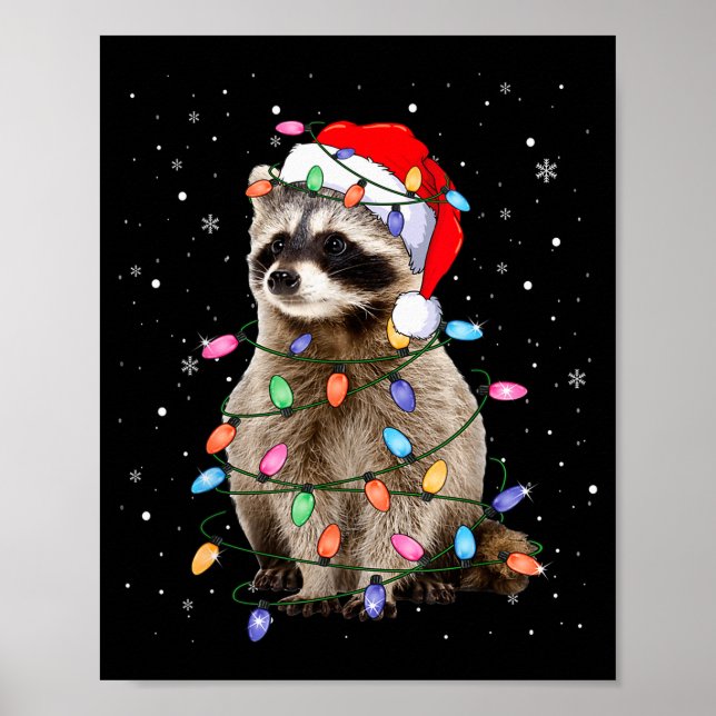 Poster Cute Raccoon Christmas Tree Lights Pajama Raccoon  (Frente)