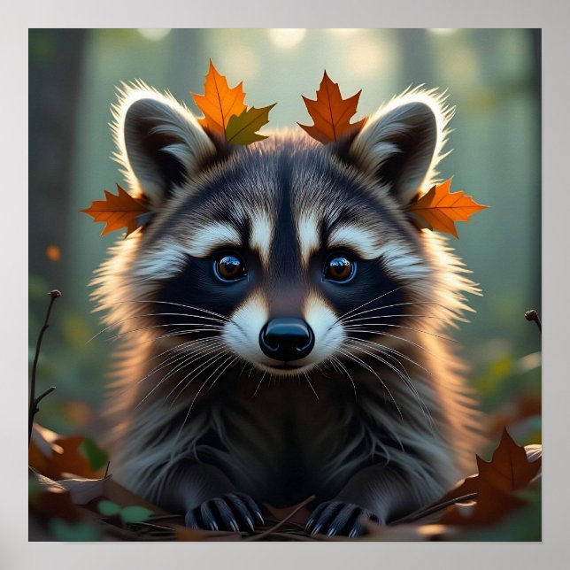 Poster Cute Raccoon em Folhas de Queda (Frente)