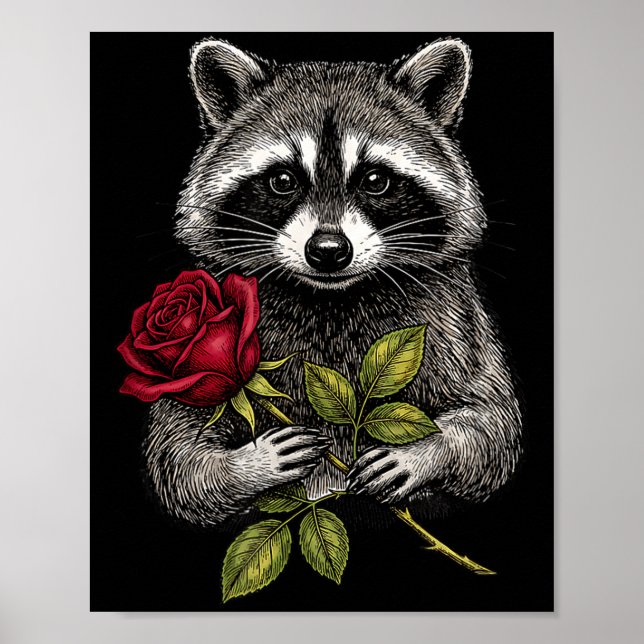 Poster Cute Raccoon Holding A Red Rose Sweet Raccoon Love (Frente)