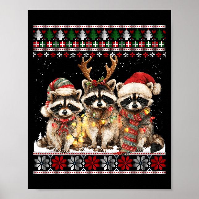 Poster Cute Raccoon Santa Christmas Lights Ugly Xmas Swea (Frente)