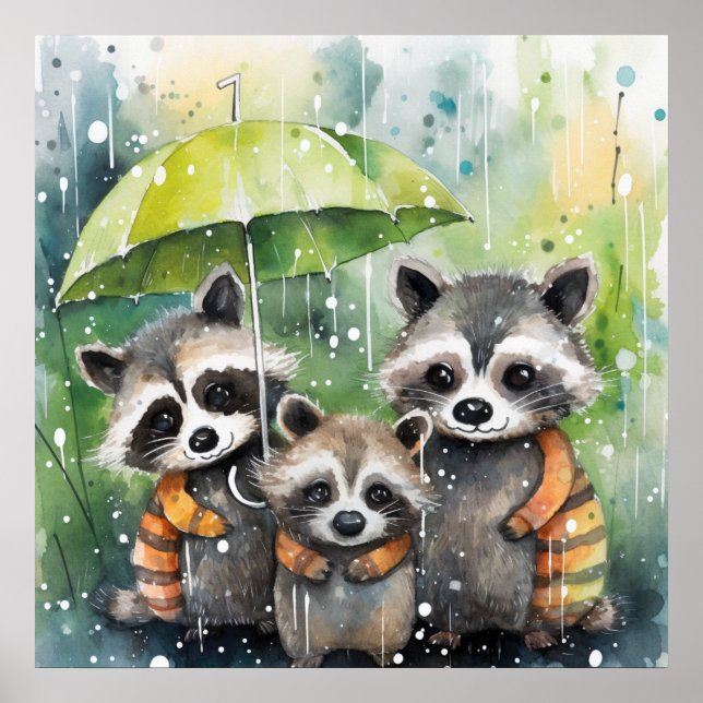 Poster Cute Raccoons in the Rain (Frente)