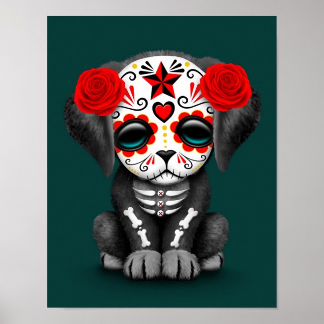 Poster Cute Red Day of the Dead Puppy Dog Teal (Frente)