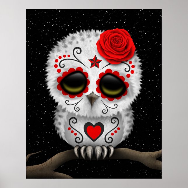 Pôster Cute Red Day of the Dead Sugar Skull Owl Stars (Frente)
