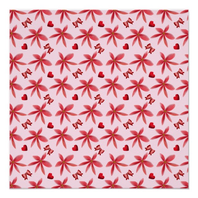 Pôster Cute Red Floral Heart Pattern Seamless Girly  (Frente)