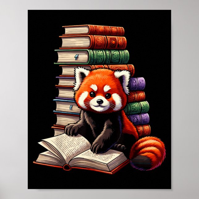 Poster Cute Red Panda Reading Book Animal Bookworm  (Frente)