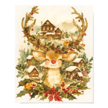 Cute Reindeer Christmas Vintage Watercolor 