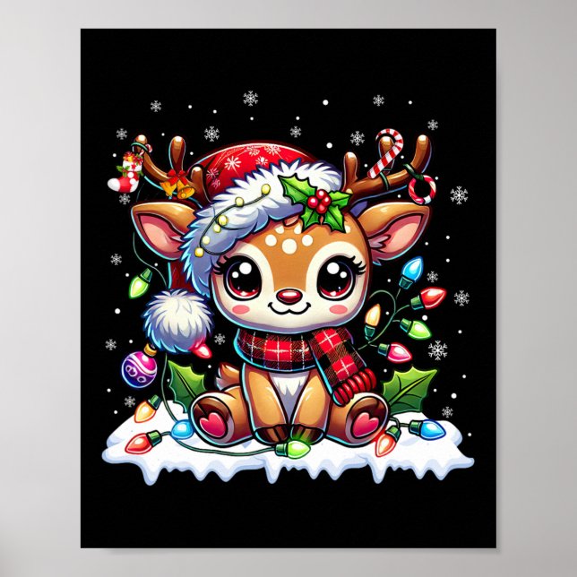 Poster Cute Reindeer Santa Christmas Xmas Girls Women Kid (Frente)