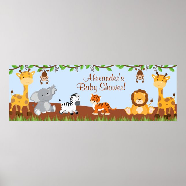 Pôster Cute Safari Jungle Animals Boy Baby Shower Banner (Frente)