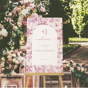 Poster Cute Safari Toile de Jouy Chá de fraldas rosa