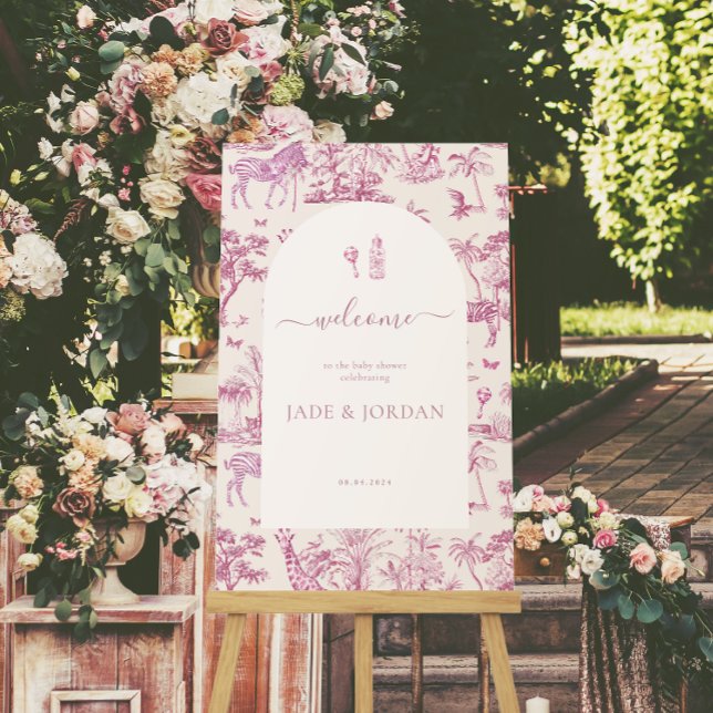 Poster Cute Safari Toile de Jouy | Chá de fraldas rosa (Criador carregado)