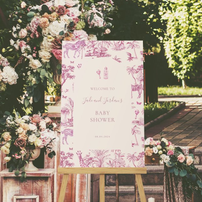 Poster Cute Safari Toile de Jouy | Chá de fraldas rosa (Criador carregado)