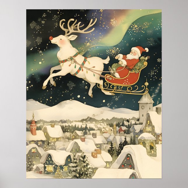Poster Cute Santa and Reindeer Flying Over Snowy Village (Frente)