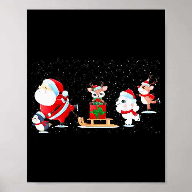 Poster Cute Santa Claus Ice Skating With Friends - Family (Frente)