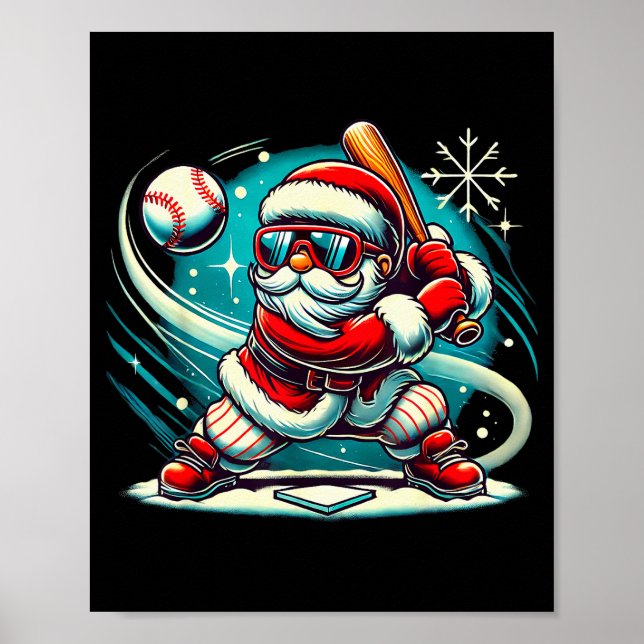 Poster Cute Santa Claus Playing Baseball Boys Kids Teens  (Frente)