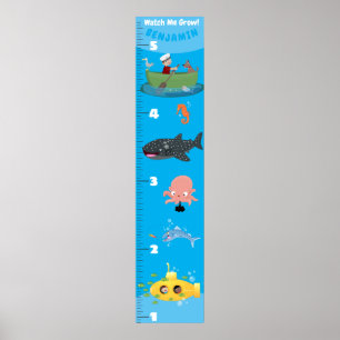 Poster Cute sea creatures submarine boating growth chart