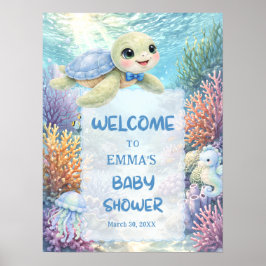 Poster Cute Sea Turtle Boy Baby Shower Welcome