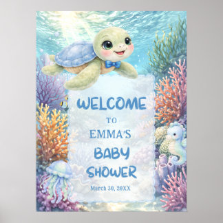 Poster Cute Sea Turtle Boy Baby Shower Welcome
