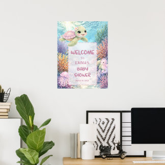 Poster Cute Sea Turtle Girl Baby Shower Welcome