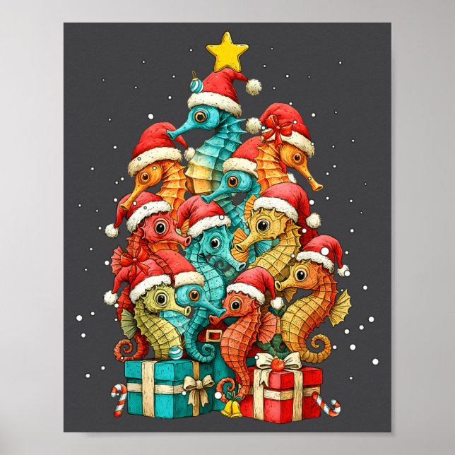 Poster Cute Seahorse Le Sea Fish Christmas Tree Xmas Hat  (Frente)