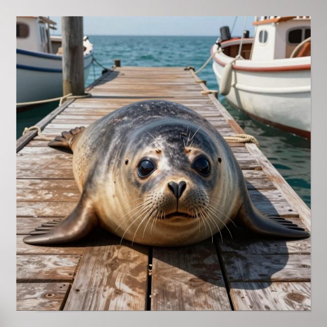 Poster Cute Seal Laying on Boat Dock Ocean Pier (Frente)