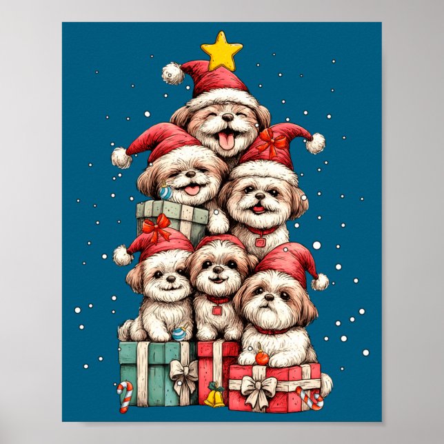 Poster Cute Shih Tzu Le Dog Christmas Tree Xmas Hat Long  (Frente)