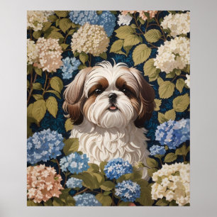 Poster Cute Shih Tzu Puppy Blue hydrangea flores