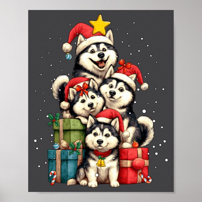 Poster Cute Siberian Husky Le Dog Christmas Tree Xmas Hat (Frente)