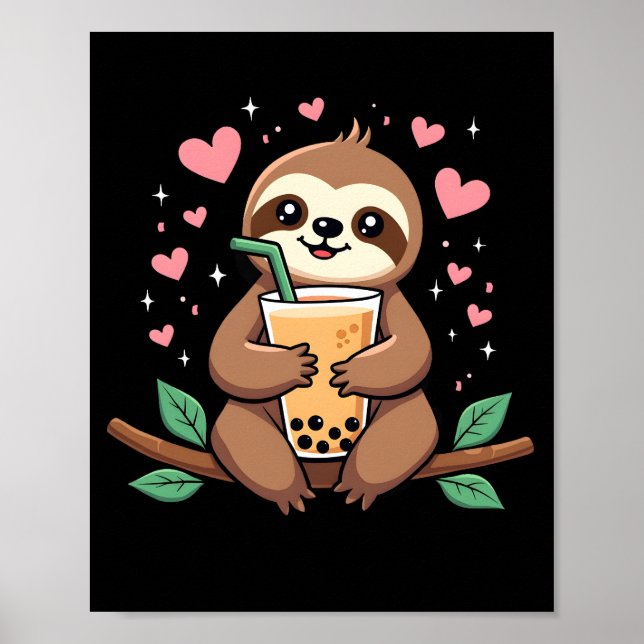 Poster Cute Sloth Boba Bubble Milk Tea Kawaii Women Girls (Frente)