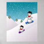Poster Cute Snowboarding Snowmen<br><div class="desc">Winterly graphic illustration featuring two cute snowmen snowboarding in a snowy environment.</div>