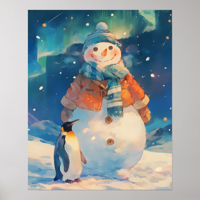 Poster Cute Snowman and Penguin Northern Lights Nursery (Frente)