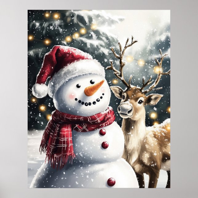 Poster Cute Snowman and Reindeer Christmas Wall Art (Frente)