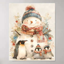 Poster Cute Snowman Penguins Nursery watercolor Holiday
