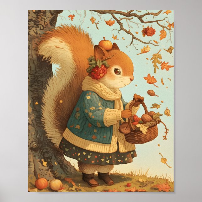 Poster Cute Squirrel Autumn Animal Nursery Wall Art Print (Frente)