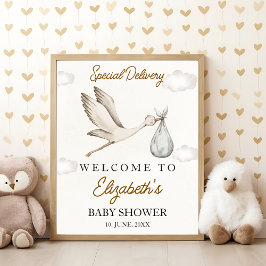 Poster Cute Stork Baby Shower Neutral