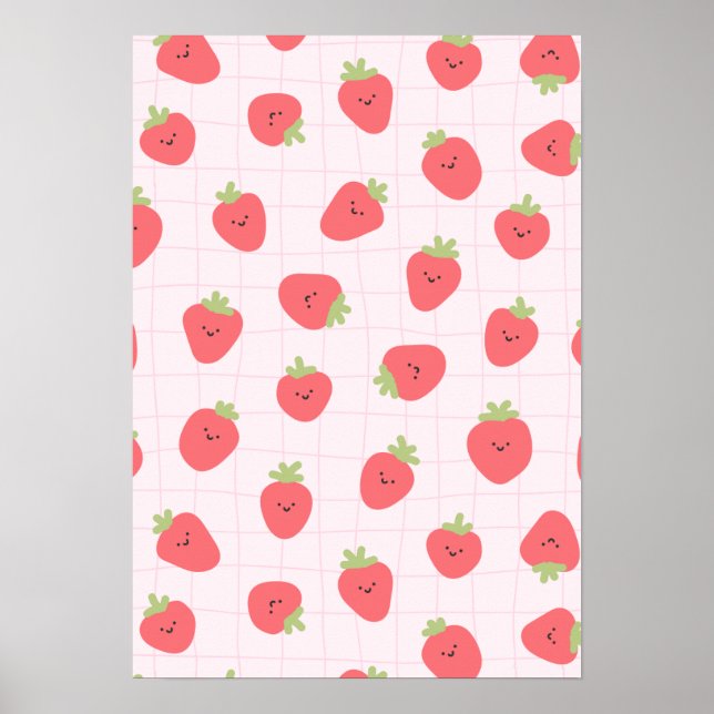 Poster Cute Strawberry Pattern – Kawaii Strawberry (Frente)