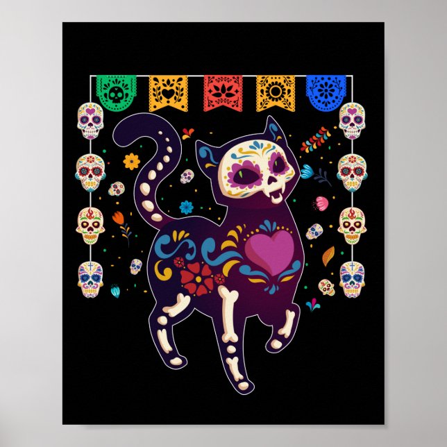 Poster Cute Sugar Skull Mexican Cat Halloween Day Of The (Frente)