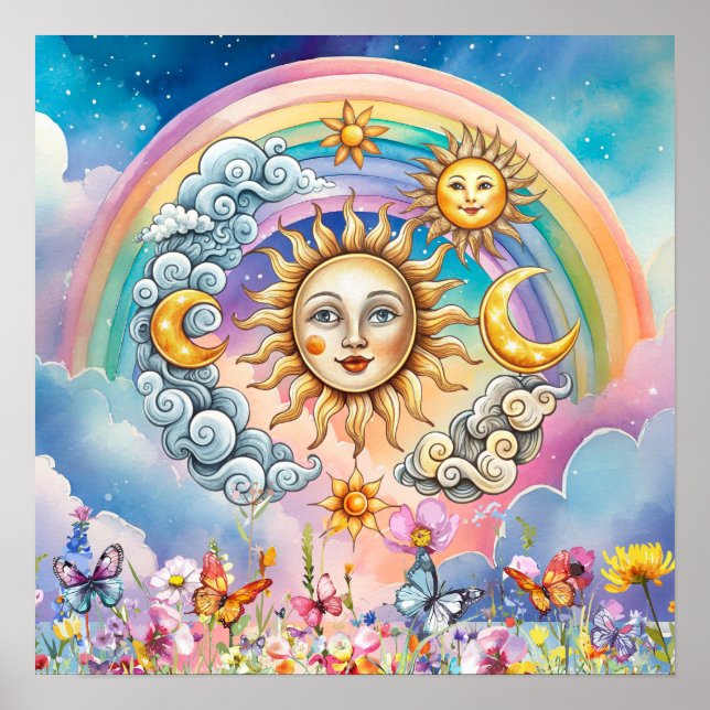 Poster Cute Sweet Dreams Floral Sun, Stars & Moon  (Frente)