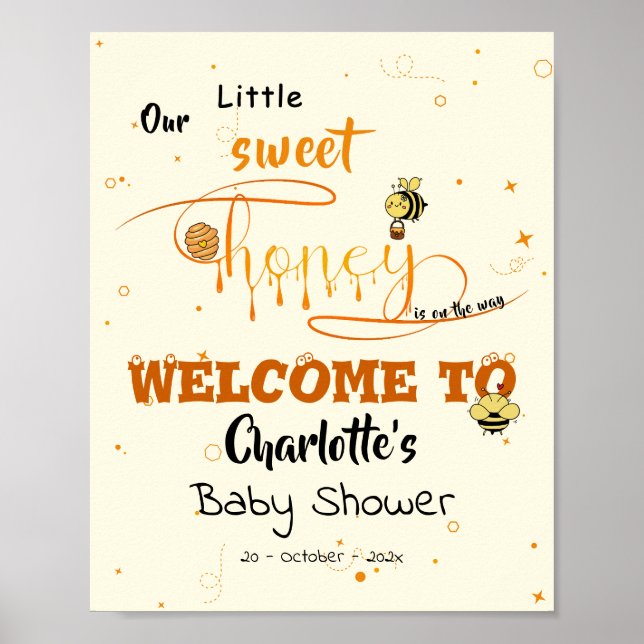 Poster Cute Sweet Honey & Kawaii Eyeball Text Baby Shower (Frente)