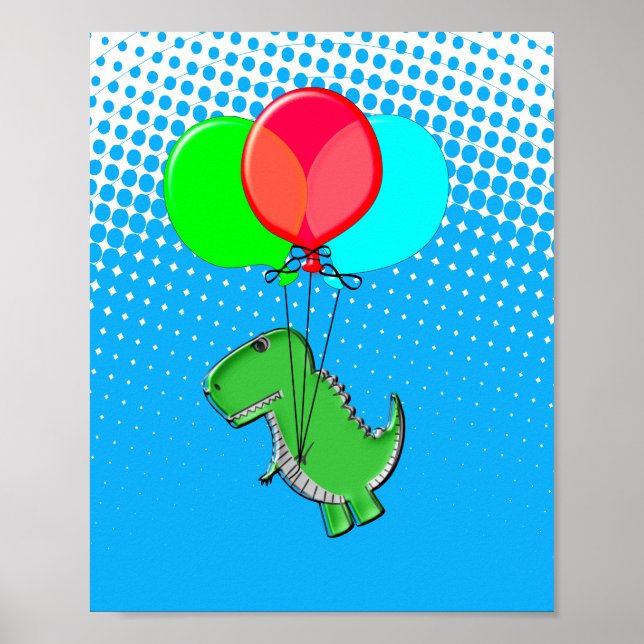 Poster Cute T-Rex Flying With Balloons In Blue Sky (Frente)
