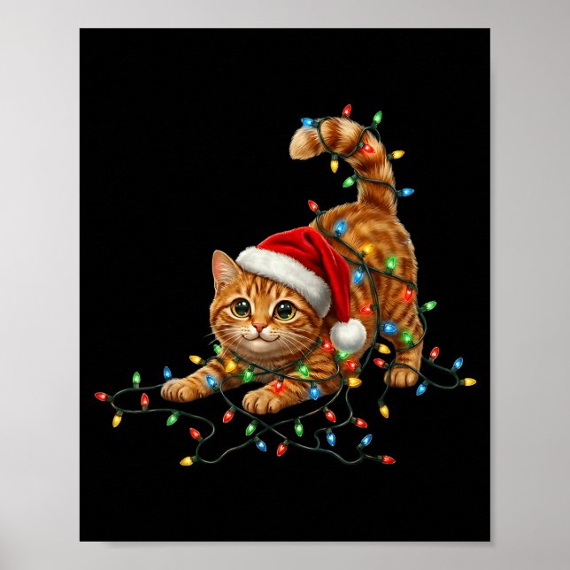 Poster Cute Tabby Cat Christmas Funny Lights Xmas Cat In  (Frente)
