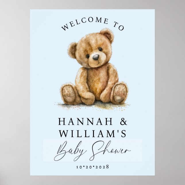 Poster Cute Teddy Bear Blue Boy Baby Shower Welcome Sign (Frente)